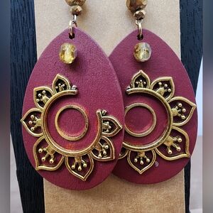 BrazenSoul Elegant Gold and Maroon Teardrop Earrings